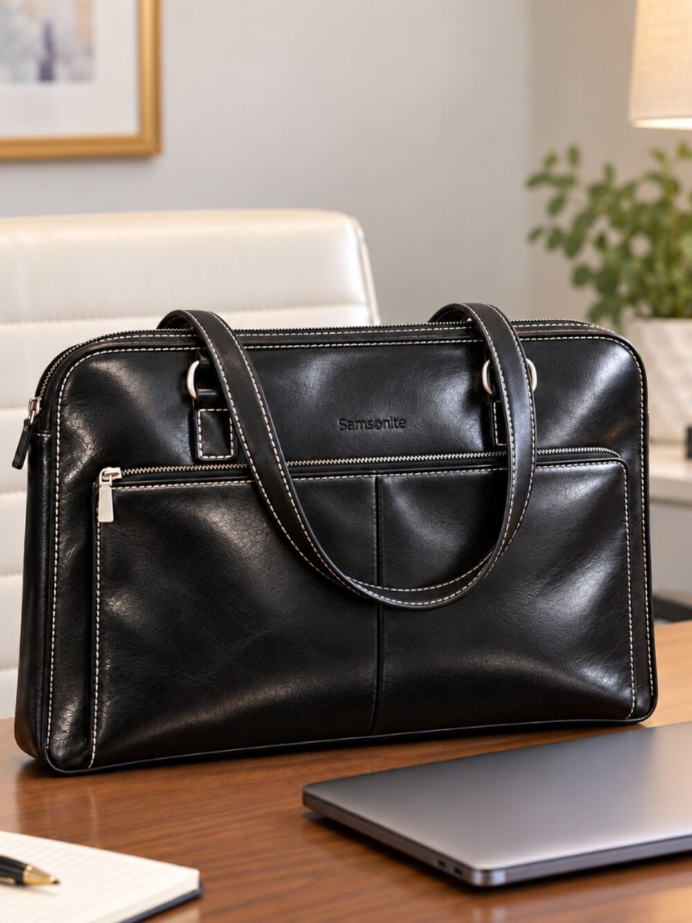 Unisex Samsonite Black Slim Laptop Briefcase Tote with Front Zip Pocket
